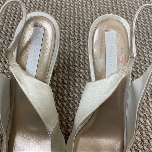 BCBG MAXAZRIA SATIN CREAM JEWELED PEEP TOE HEELS - Picture 9 of 15